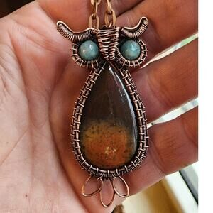 Agate Owl Necklace Handmade Gift Antique Copper Wire  Jadeite Y2K Trends GenZ